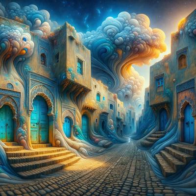 The primary subject of the image is a painting of a city street with a blue door. The setting is a city street with buildings and a blue door. The visual style is digital art, and the colors and mood are vibrant and lively.